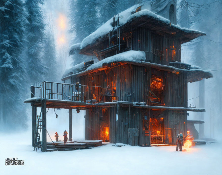 Snowy forest cabin with warm lights, bonfire, and cozy winter scene