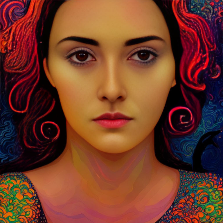 Vibrant digital artwork: woman with red wavy hair in colorful garment on swirling blue backdrop