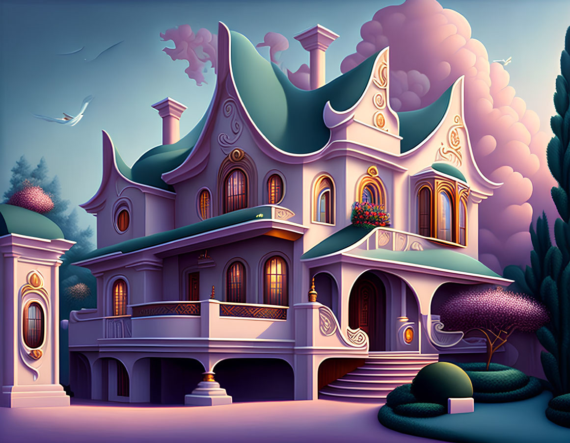 Whimsical house with curved roofs and ornate windows