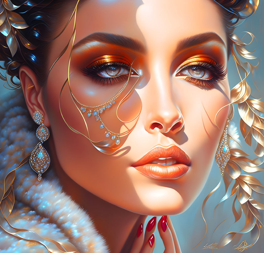 Digital portrait of woman with brown eyes, gold and pearl jewelry, white fur garment