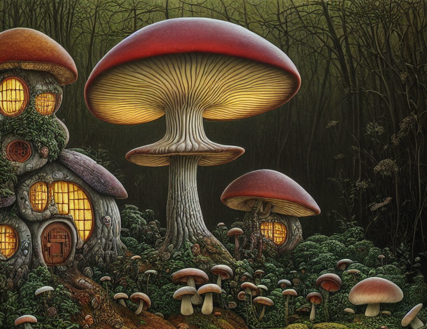 Fantasy mushroom village in lush forest setting