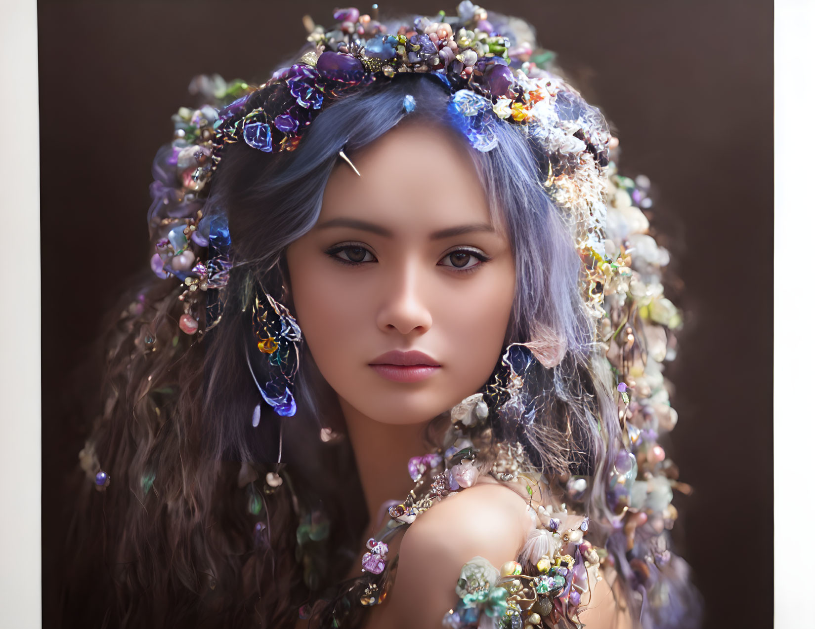 Woman with floral and jeweled headpiece and blue-tinted hair in spring fantasy aesthetic