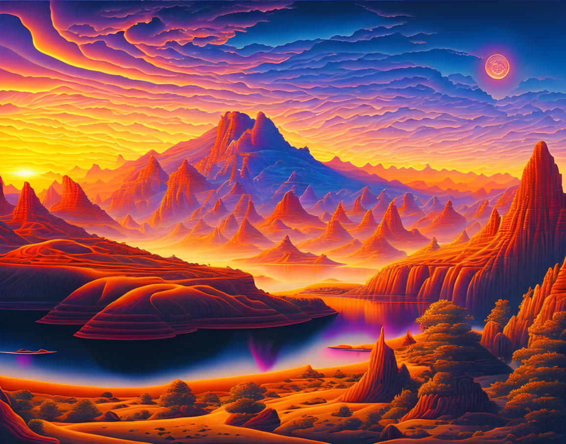 Surreal landscape: layered mountains, orange sky, bright moon, tranquil waterbody