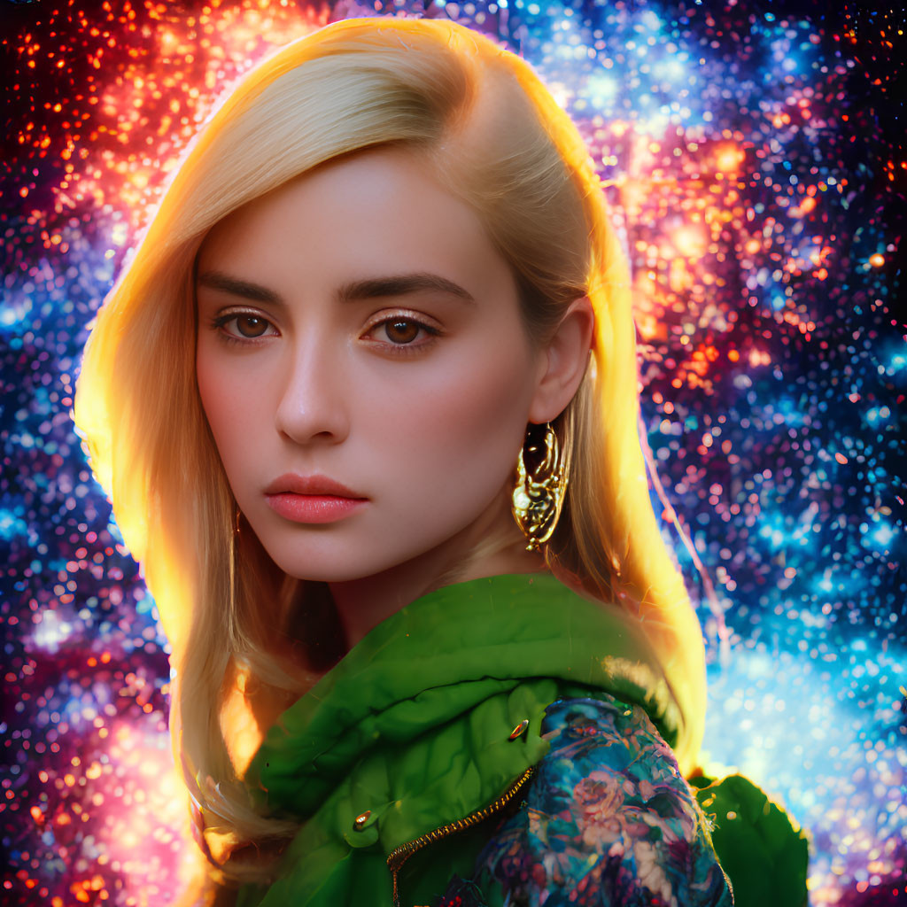 Blonde woman in green jacket with earring on cosmic backdrop