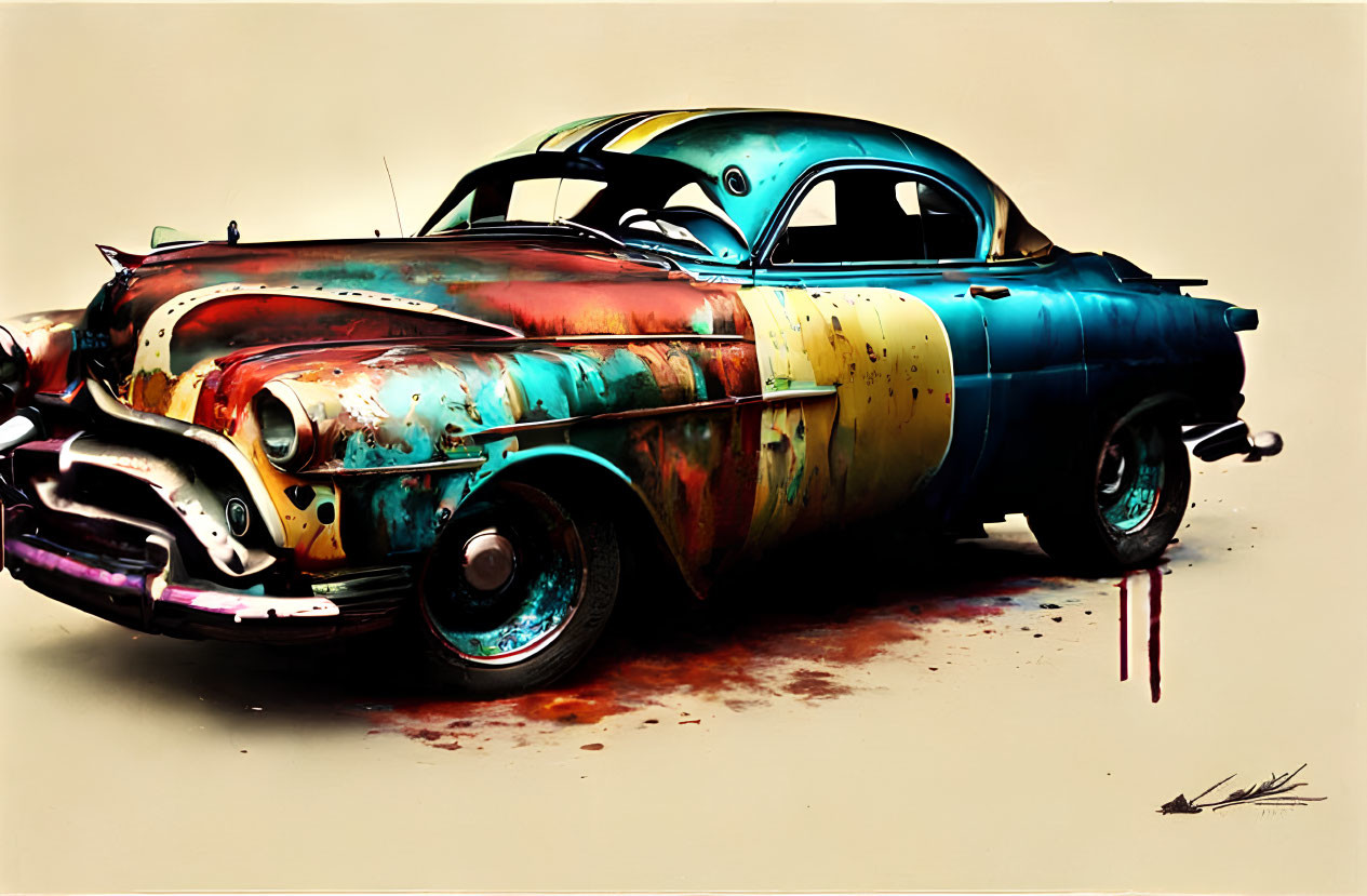 Vintage Car with Rust Patina and Vibrant Paint Job