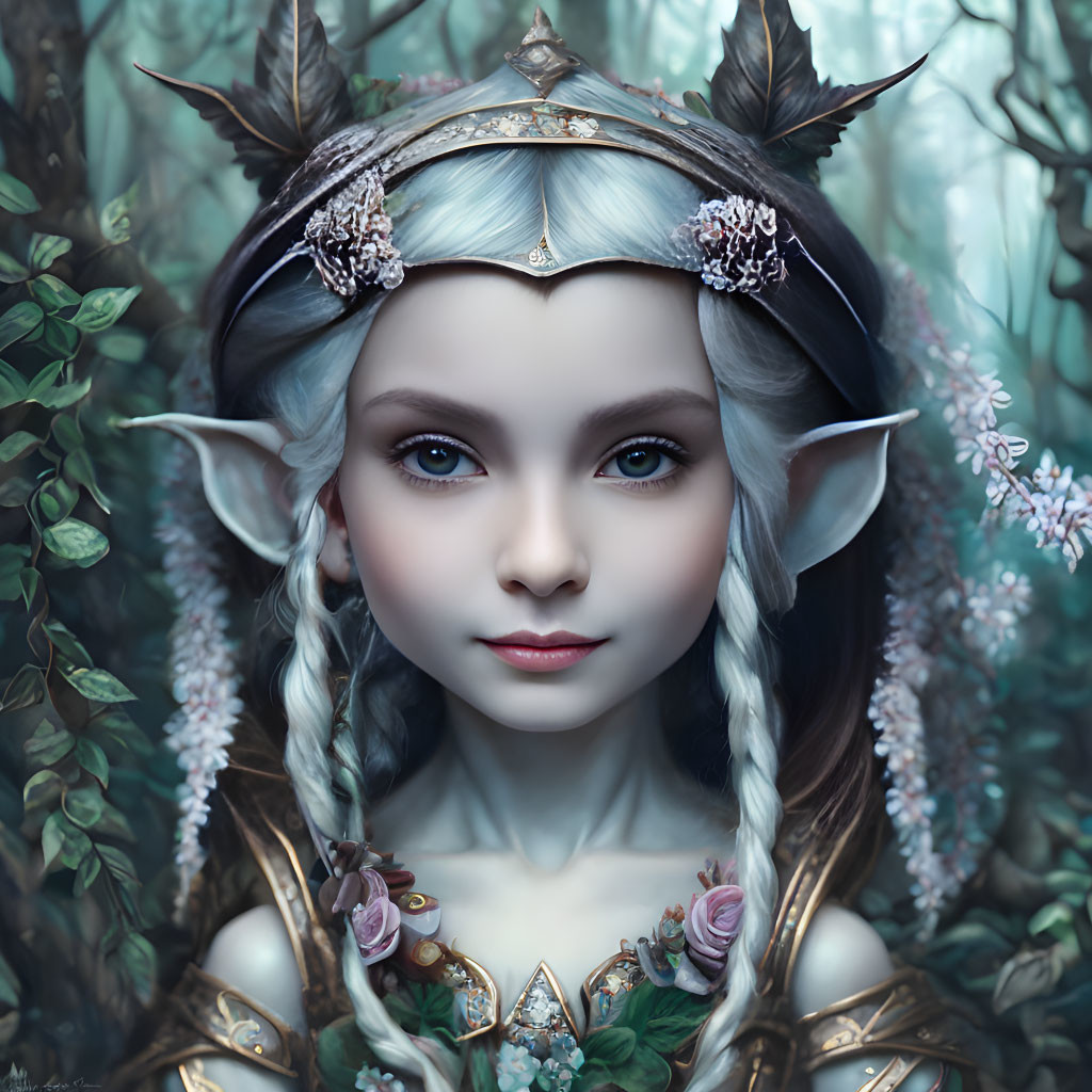 Fantastical elf with blue eyes in floral woodland