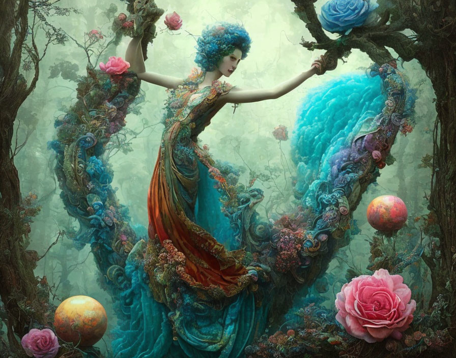 Surreal artwork: Woman with blue hair in fantastical forest