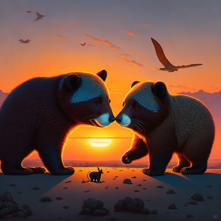 Stylized bears with patterned fur, mouse, and birds at sunset