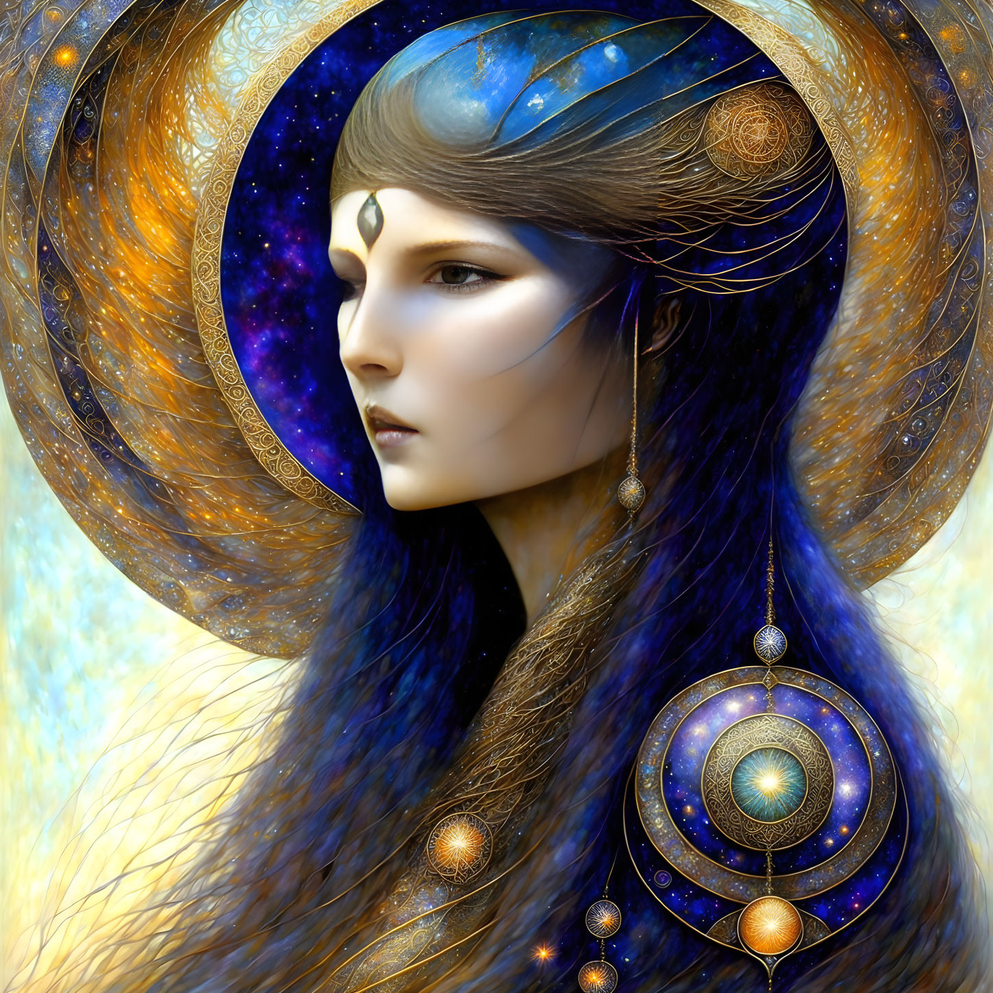 Mystical female figure with cosmic-themed headdress and blue hair