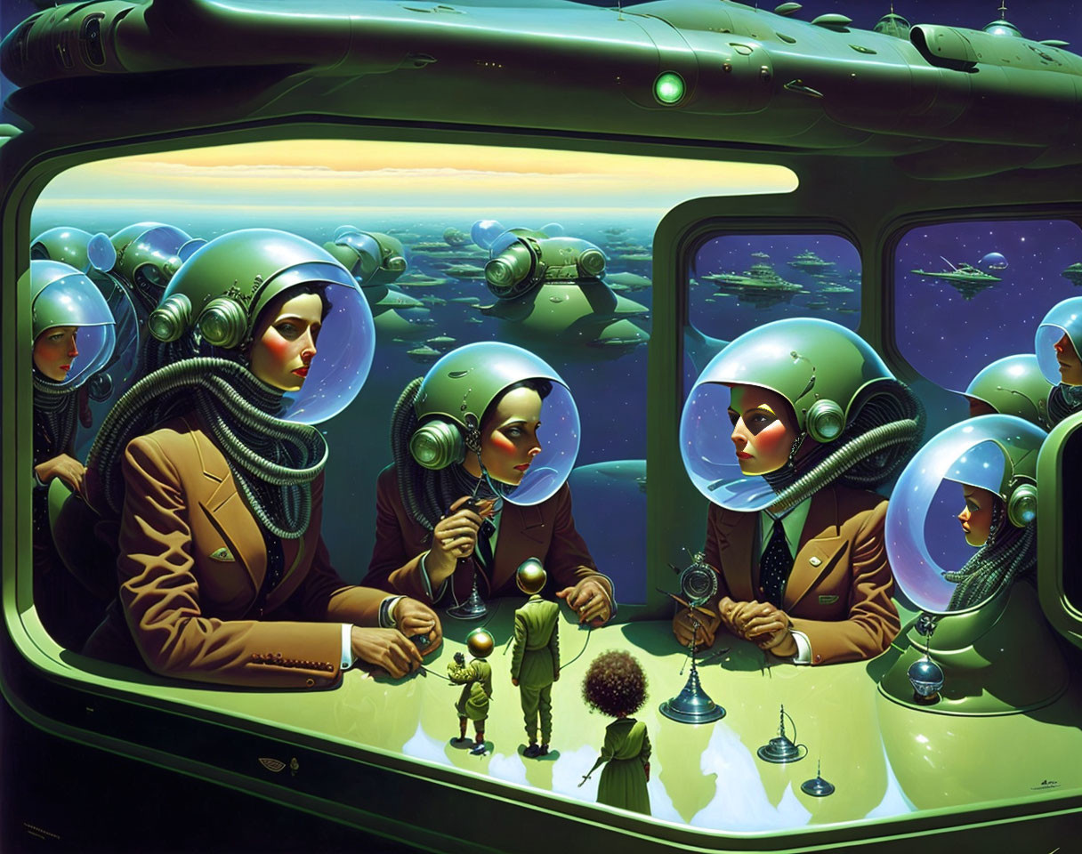 Group in retro-futuristic outfits in spaceship with floating toy & alien landscape.