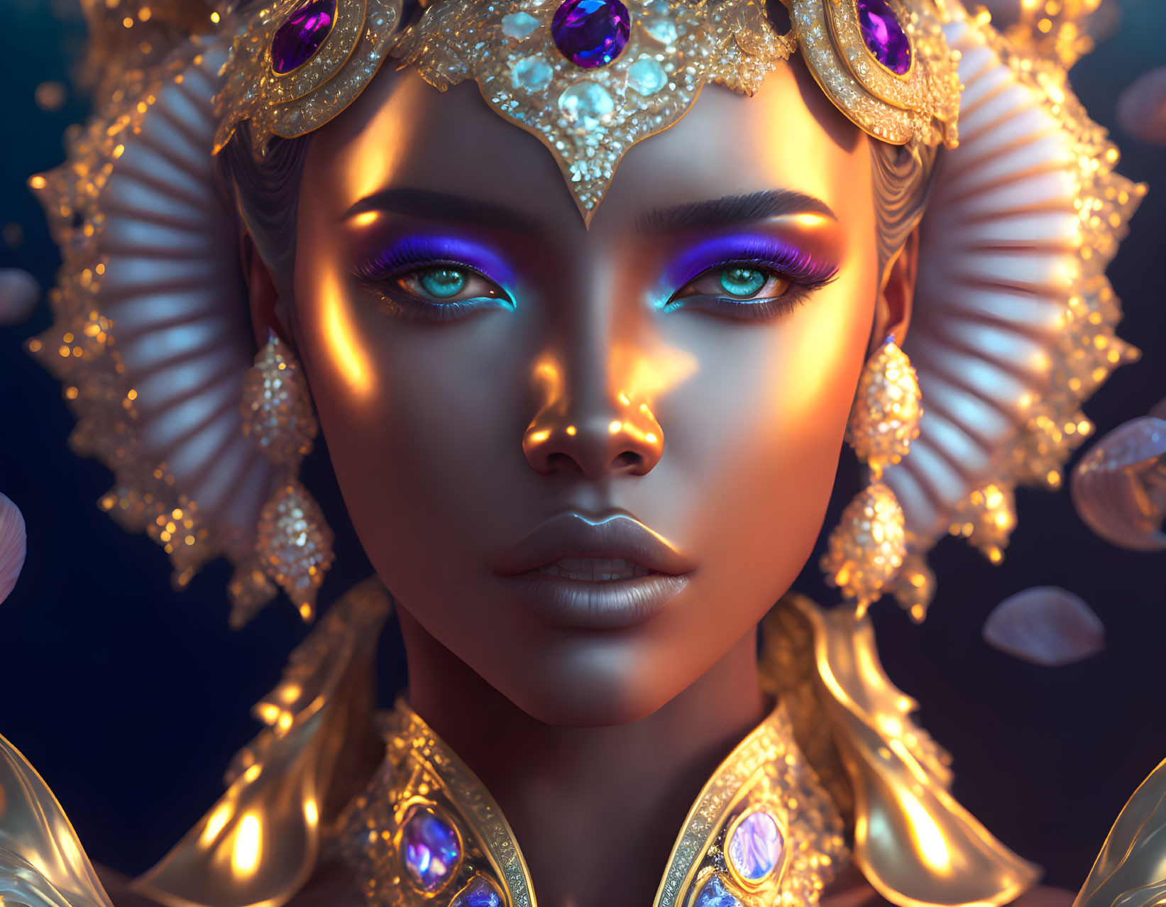 Digital Artwork: Woman with Glowing Blue Eyes in Ornate Gold Headdress