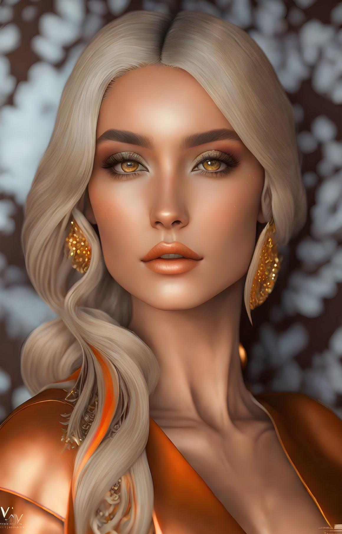 3D Rendered Portrait of Woman with Platinum Blonde Hair and Golden Earrings