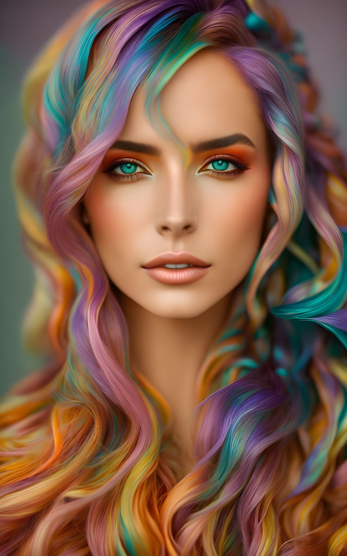 Colorful wavy hair and vibrant makeup on a woman with blue eyes and artistic eyebrow accents on a