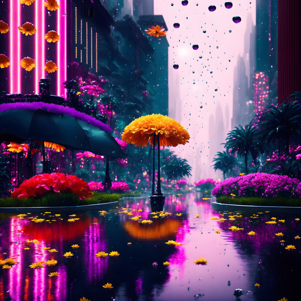 Vibrant surreal cityscape with neon lights and oversized flowers