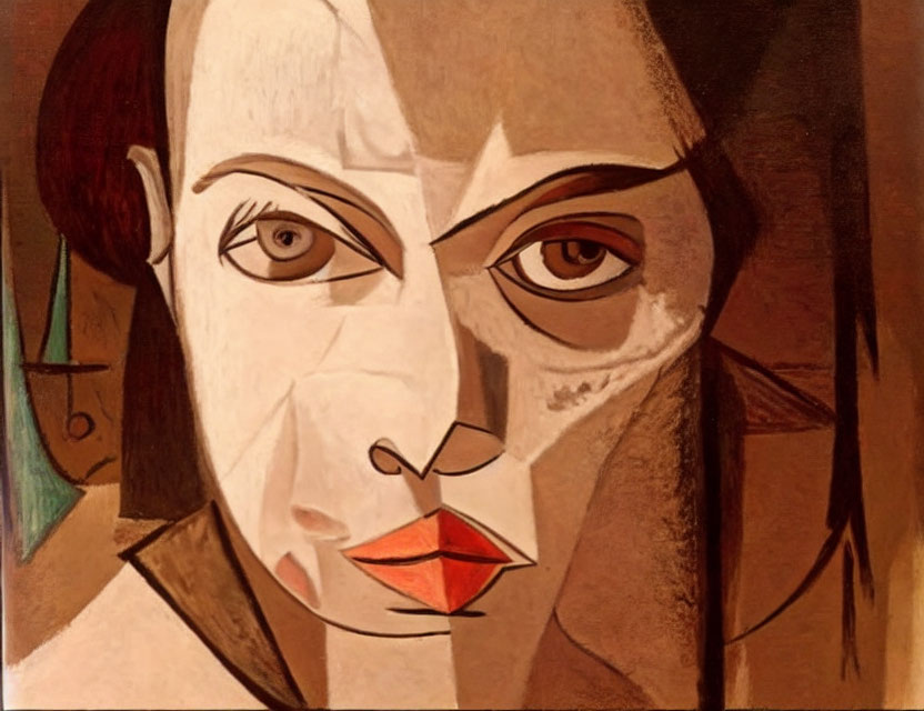 Cubist-style portrait with asymmetric features and sharp angles