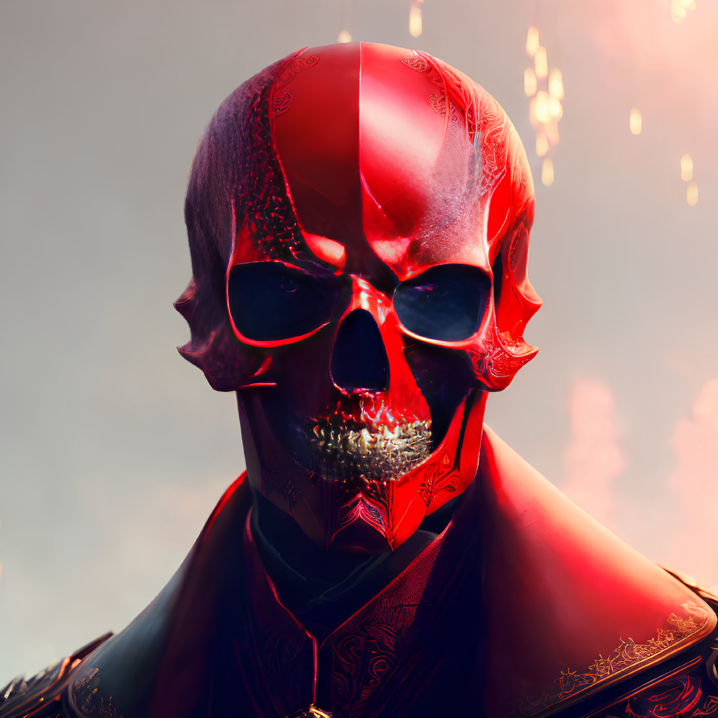 Intricate red skull with dark patterns on soft-focus background