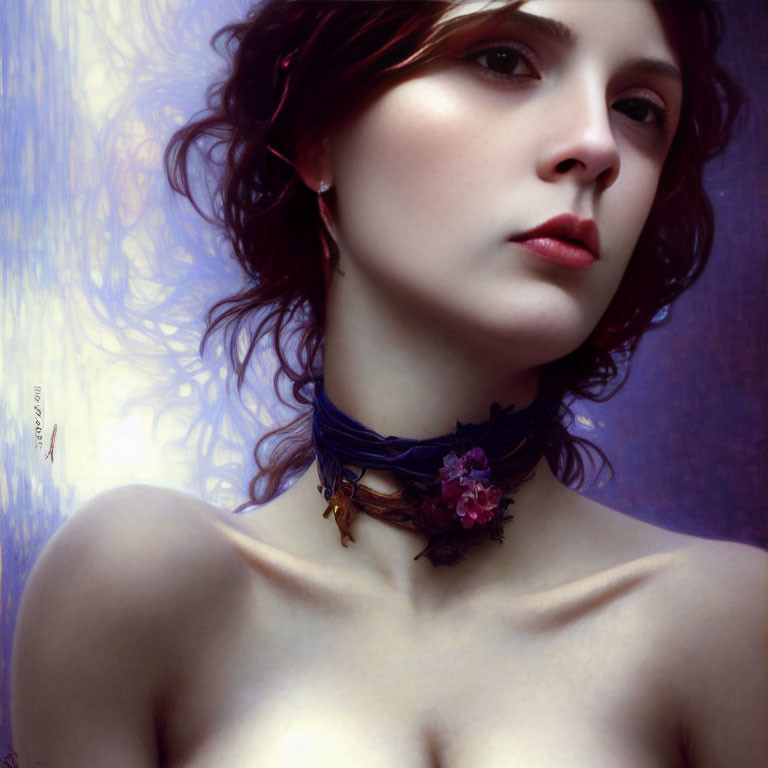 Red-haired woman in blue choker with flower, looking sideways on soft purple background