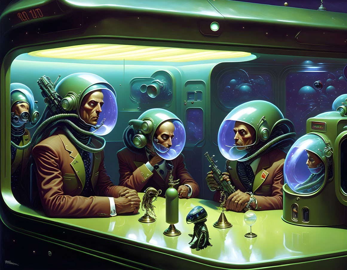 Underwater scene: Humanoids in vintage diving suits playing board game with aquatic creatures outside.