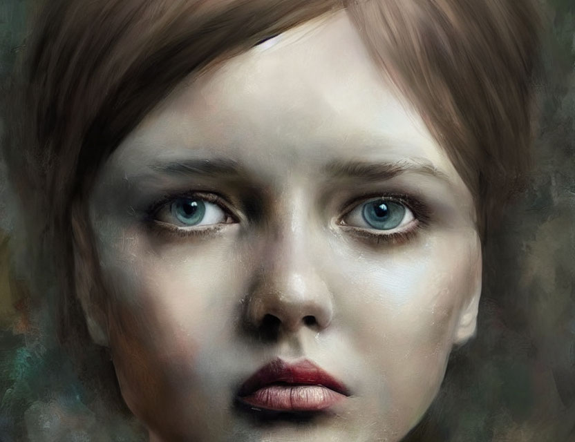 Young girl digital portrait with blue eyes and brown hair on textured background