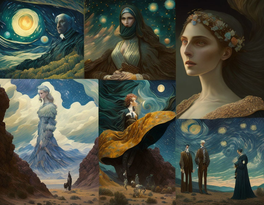 Fantasy-inspired art collage with ethereal figures and celestial landscapes