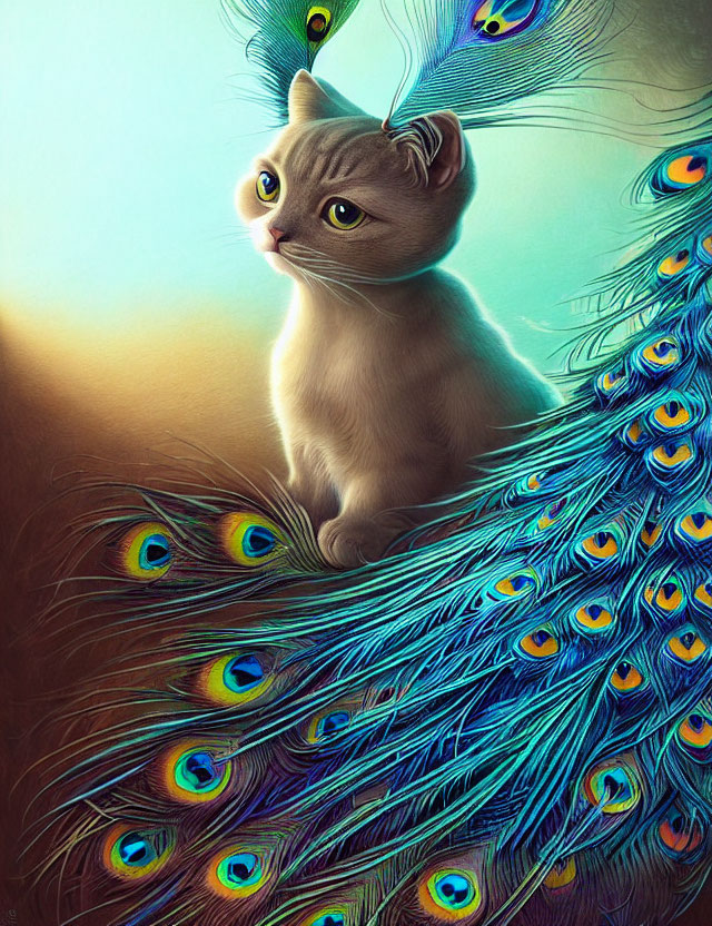 Colorful cat illustration with peacock feather tail