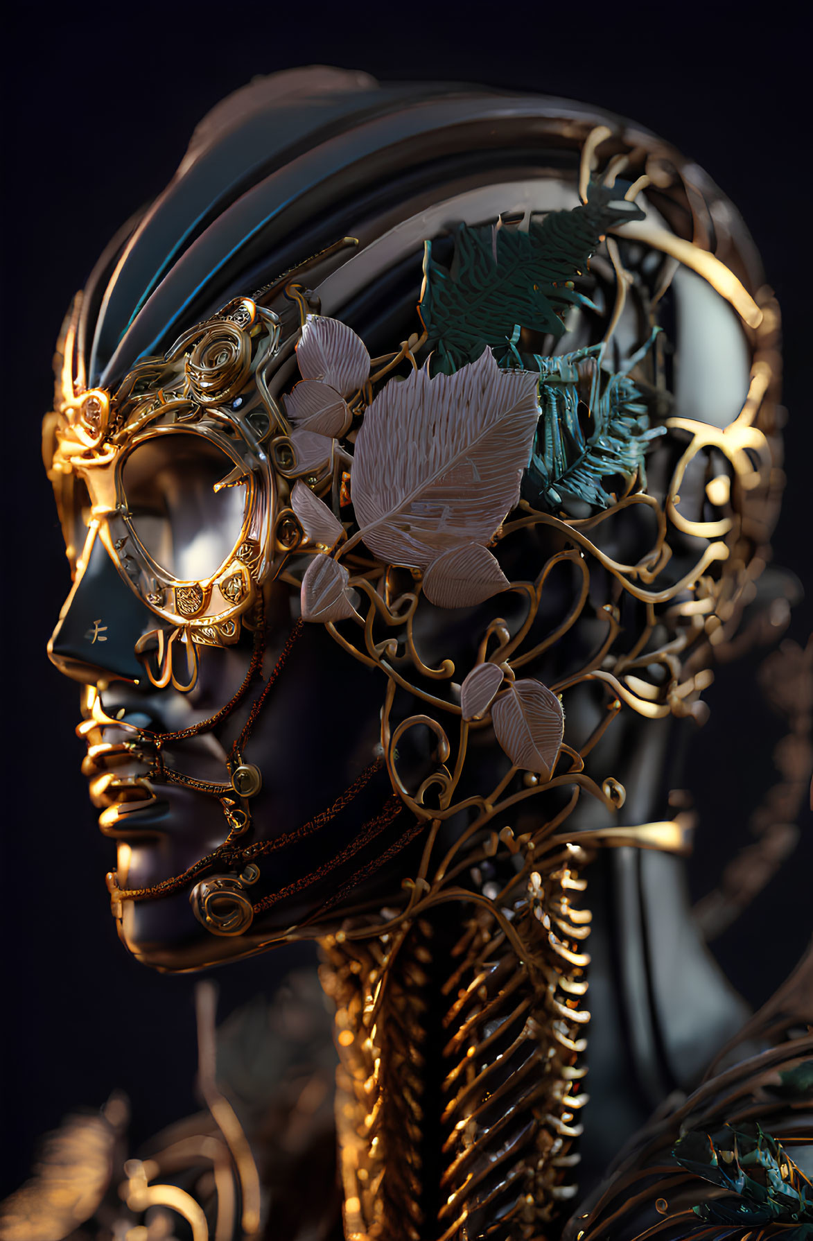 Mechanical head with floral elements and gold gears in dramatic lighting