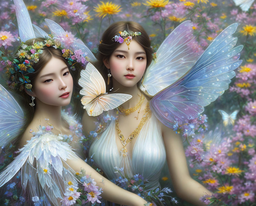 Ethereal female figures with butterfly wings in a flower field