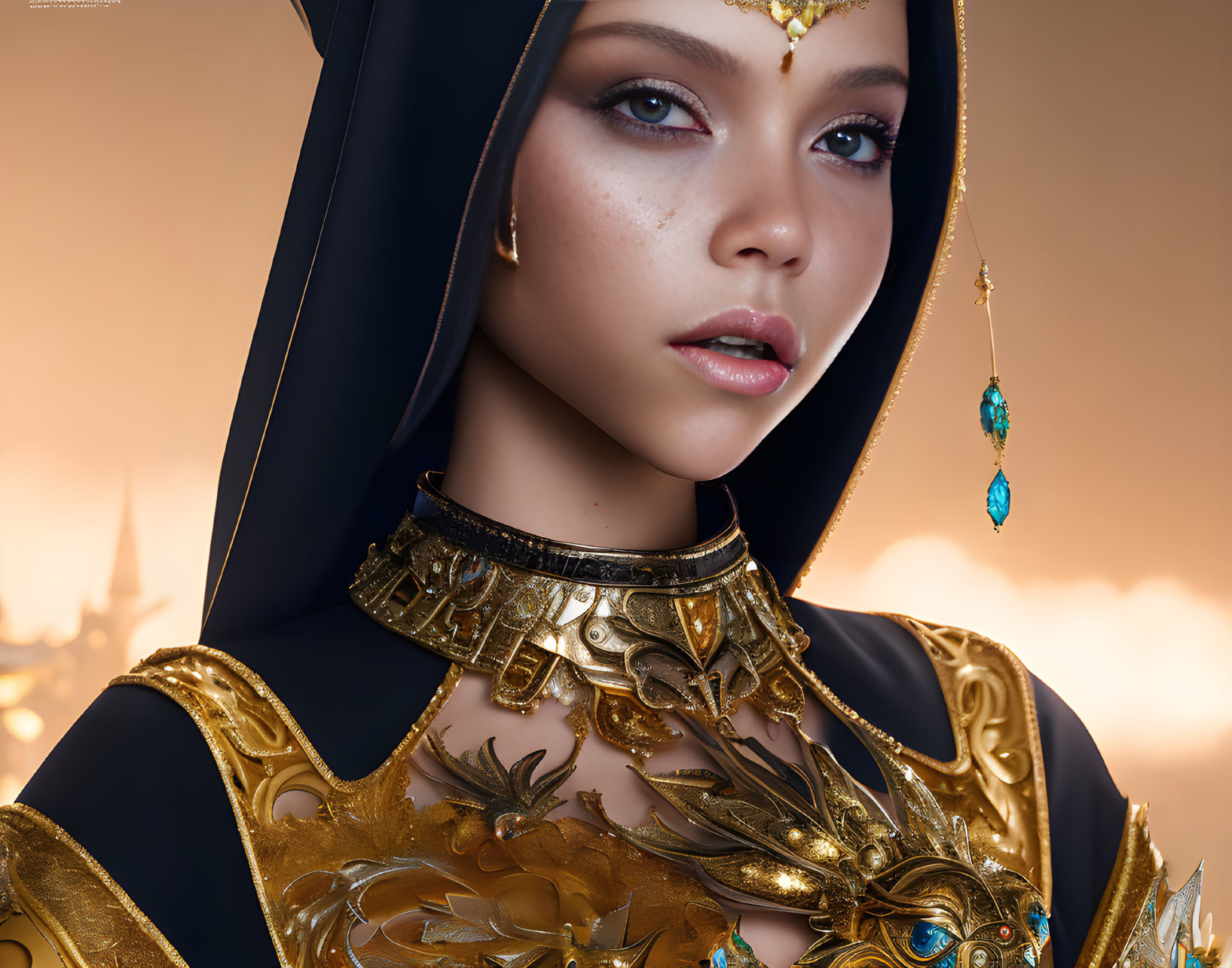 Striking Woman with Gold Jewelry and Turquoise Headpiece