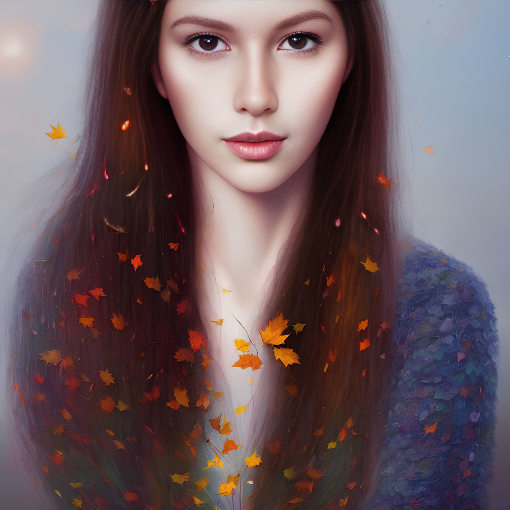 Young woman digital artwork with long hair and autumn leaves on colorful sweater