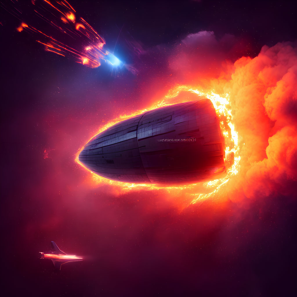 Futuristic spaceship entering fiery nebula with comet in cosmos