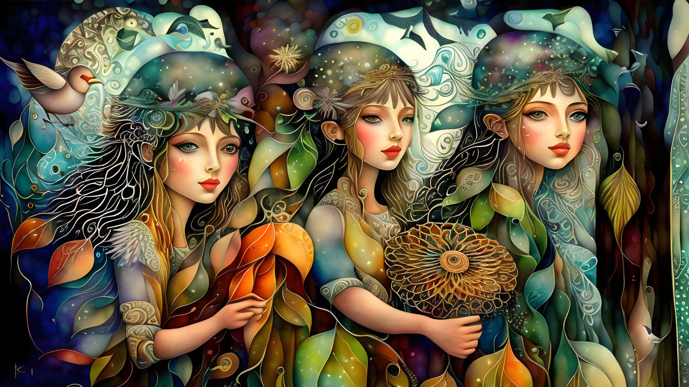 Stylized women with cosmic and floral designs on dark background