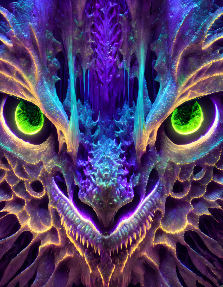 Symmetrical Dragon Artwork with Vibrant Colors and Glowing Eyes