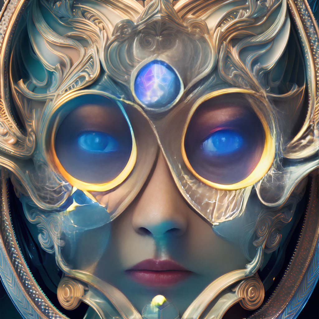 Intricate Golden Mask with Glowing Blue Eyes