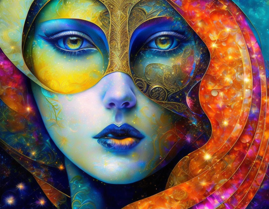 Colorful digital artwork: Woman's face with cosmic mask-like details