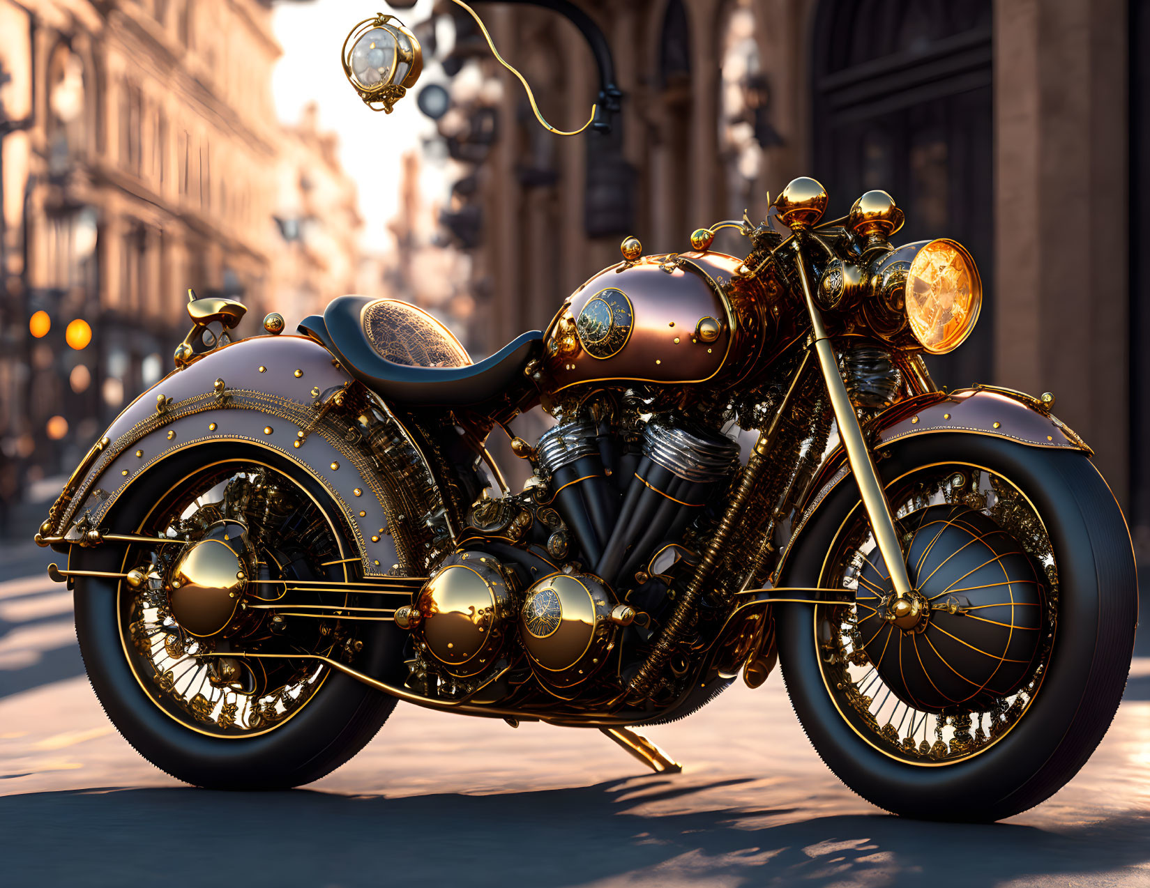 Steampunk-Inspired Motorcycle with Brass Detailing in Urban Setting