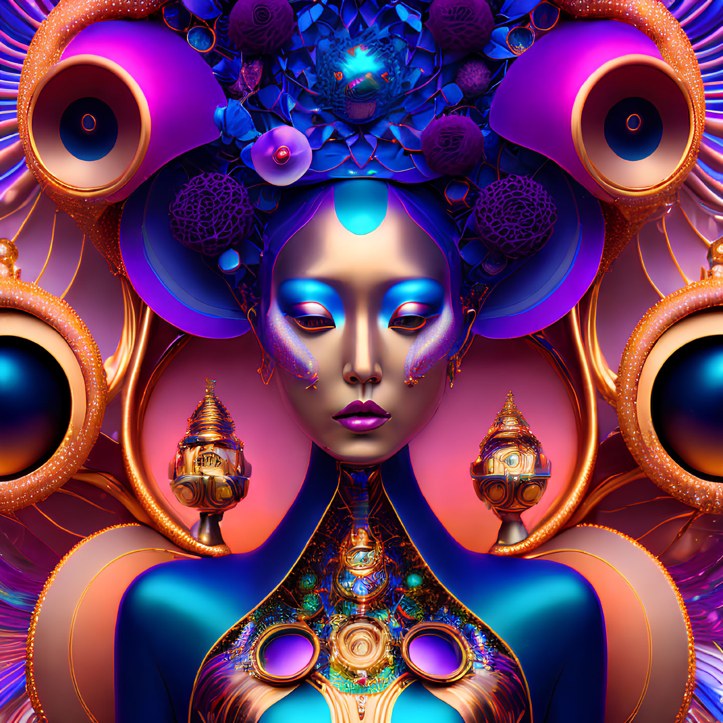 Digital artwork of female figure with blue skin and ornate gold and purple elements surrounded by intricate patterns.