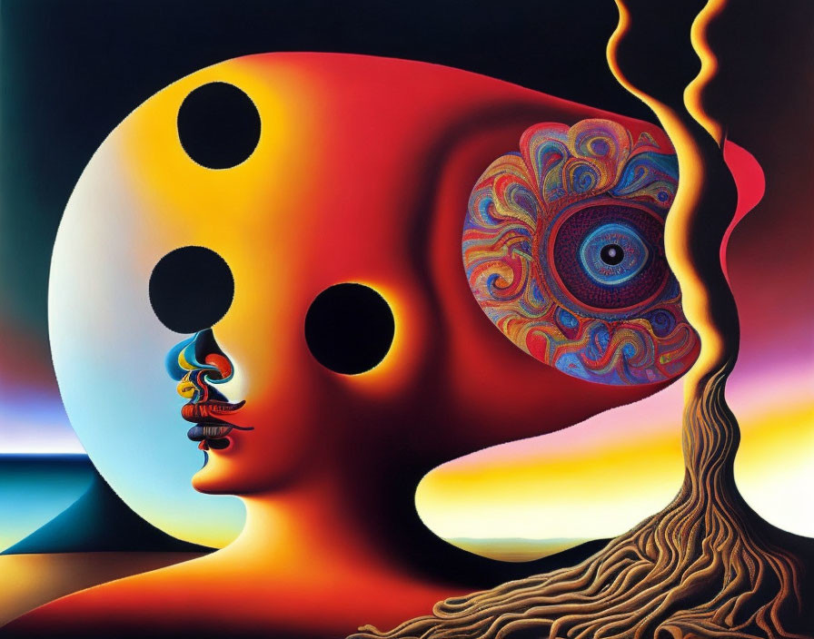 Colorful surreal painting with open skull revealing eye and intricate pattern