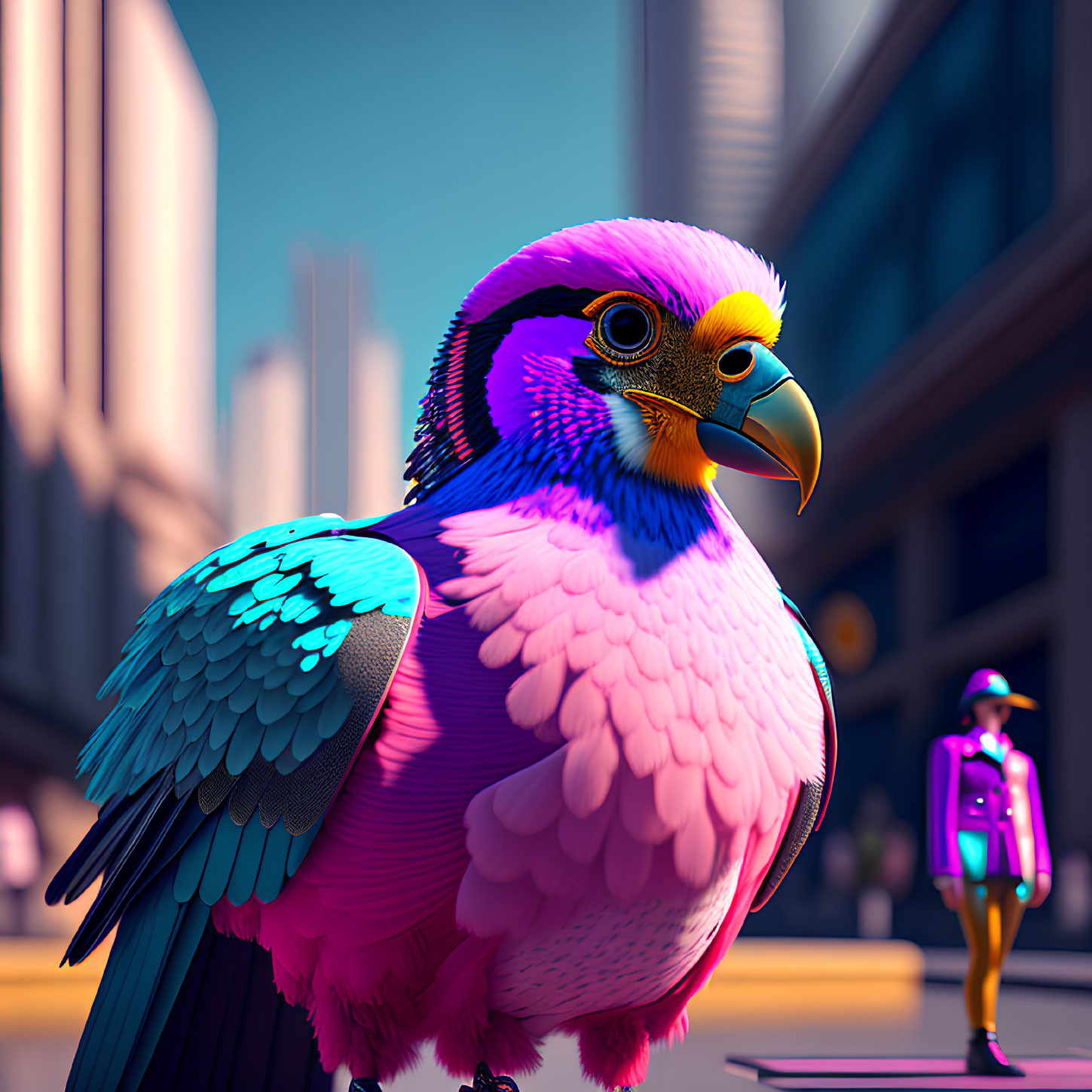 Colorful pigeon with purple and blue feathers in urban setting.