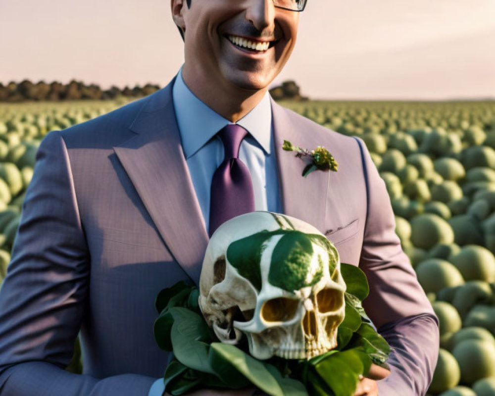 Smiling man in lavender suit holds skull in green leaves on field backdrop