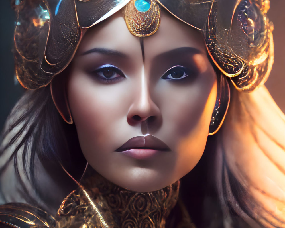 Woman with dramatic makeup in ornate golden helmet with glowing spheres, fantasy or sci-fi warrior aesthetic