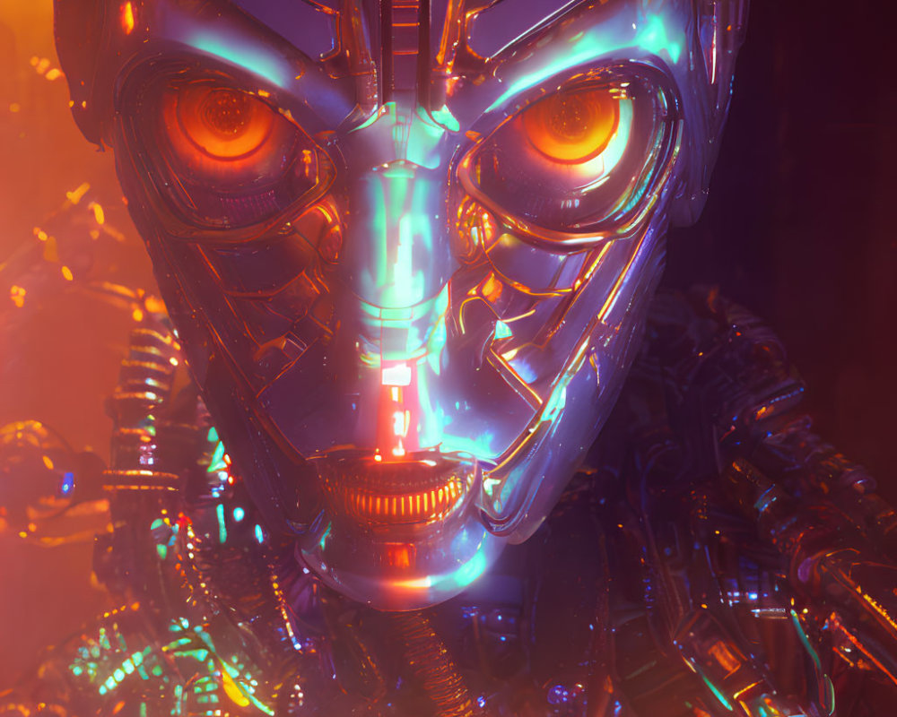 Detailed Robotic Face with Glowing Orange Eyes and Futuristic Design