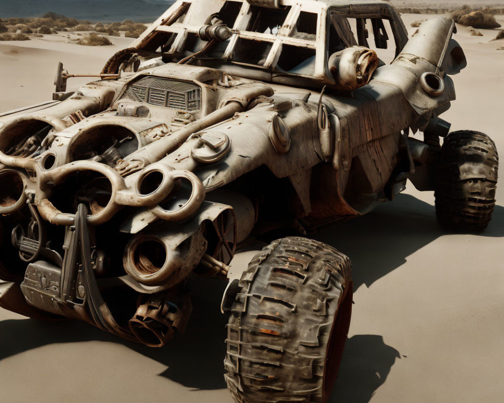 Post-apocalyptic desert vehicle with large tires on sandy terrain