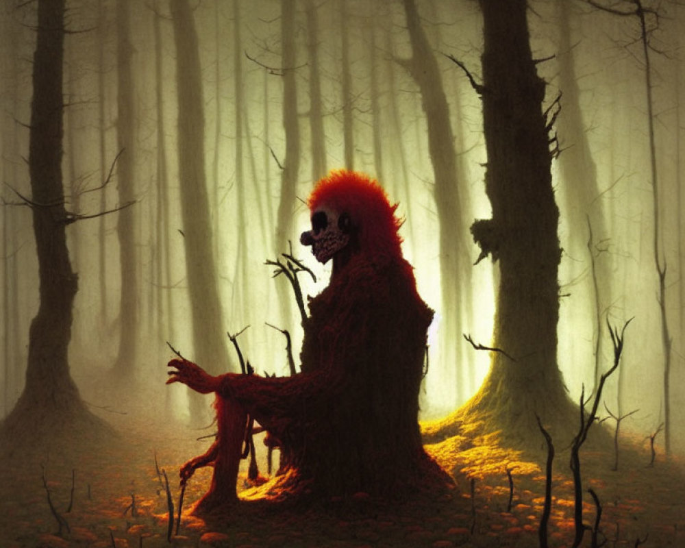 Mystical monkey-like creature with human skull face in foggy forest