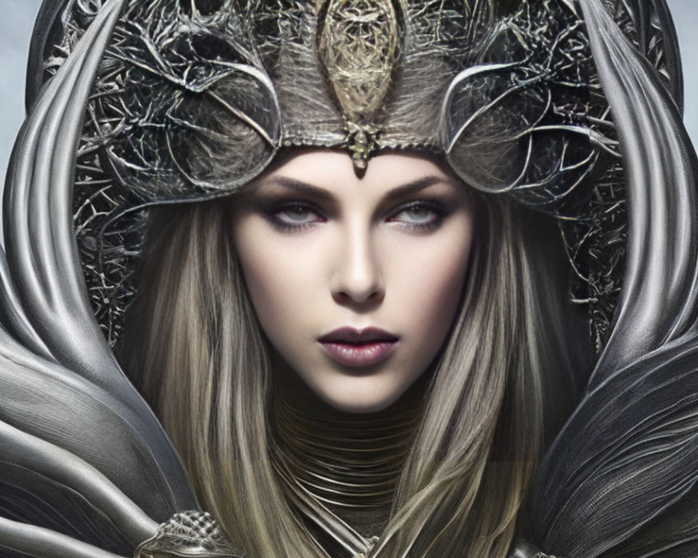 Detailed metallic headdress on woman with long blonde hair