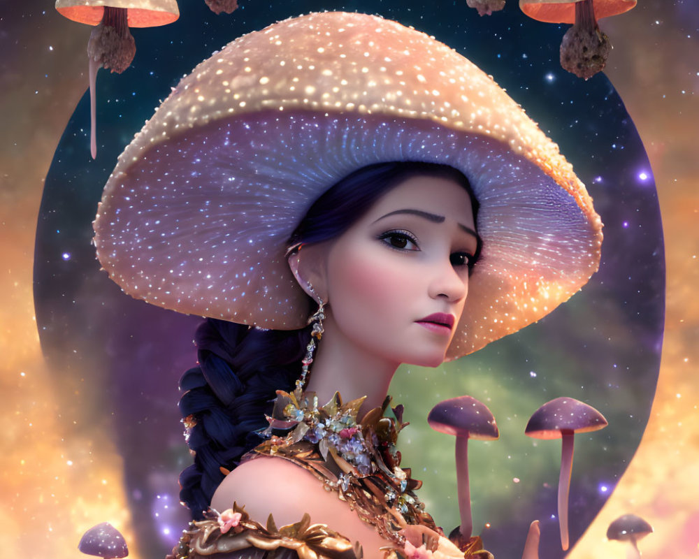 Woman in Mushroom Cap Hat Surrounded by Floating Mushrooms in Cosmic Setting