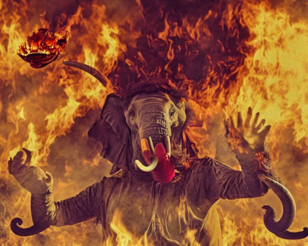 Person in Elephant Costume Surrounded by Flames and Flying Fiery Object