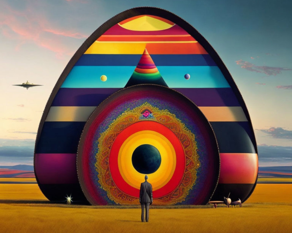 Colorful egg-shaped structure with patterns under dawn or dusk sky and distant airplane