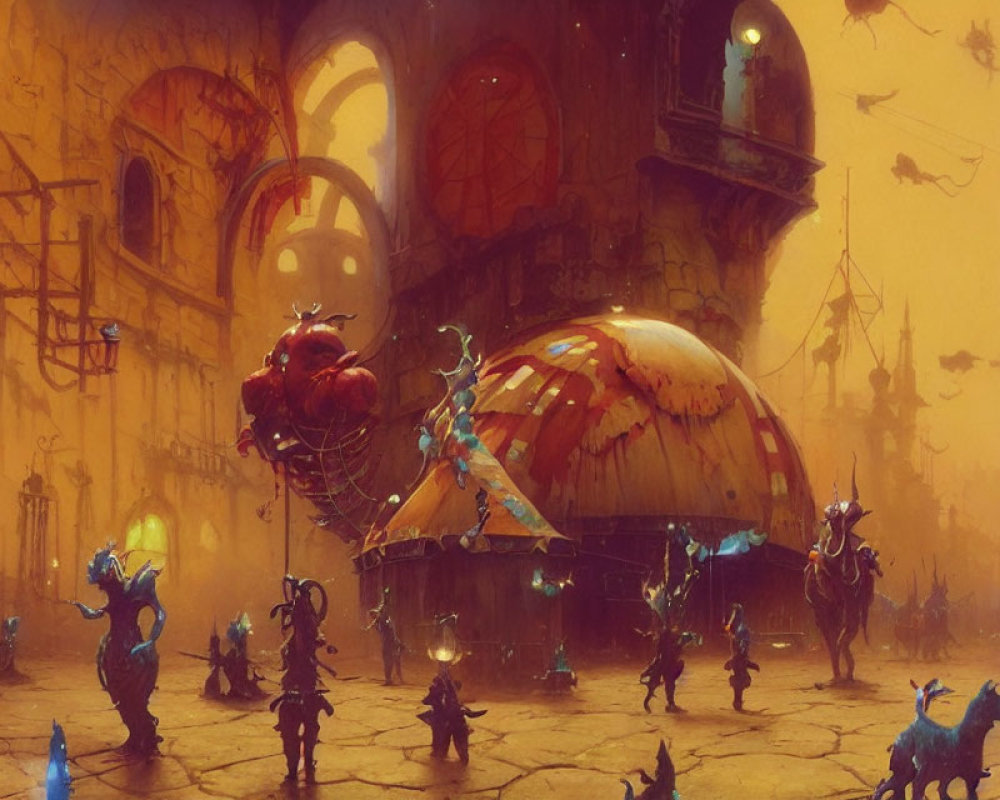 Fantastical city scene with anthropomorphic creatures and floating heart-shaped object