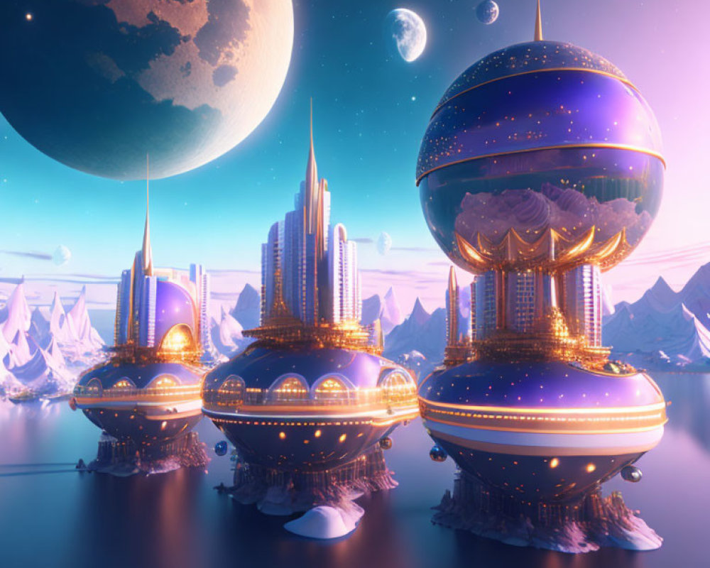 Futuristic floating city under large moon in twilight sky