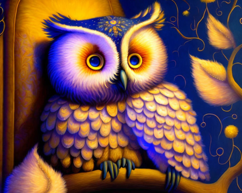 Colorful Stylized Owl Illustration with Blue and Purple Feathers